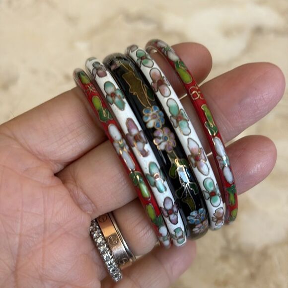 Vintage Cloisonné Floral Bangle Bracelets Set of 5 - Picture 5 of 14